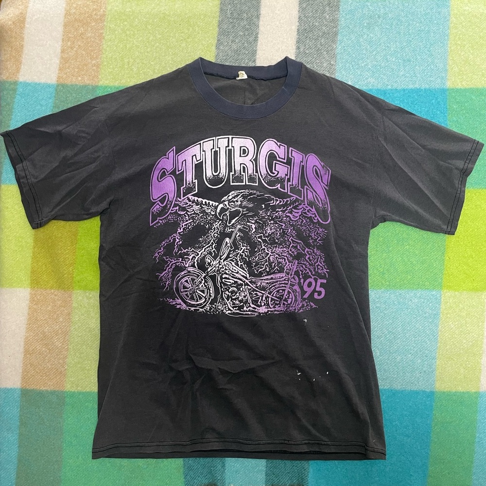 Vintage Sturgis 1995 Motorcycle Black Hills Rally Eagle Flames Sun Faded Tee